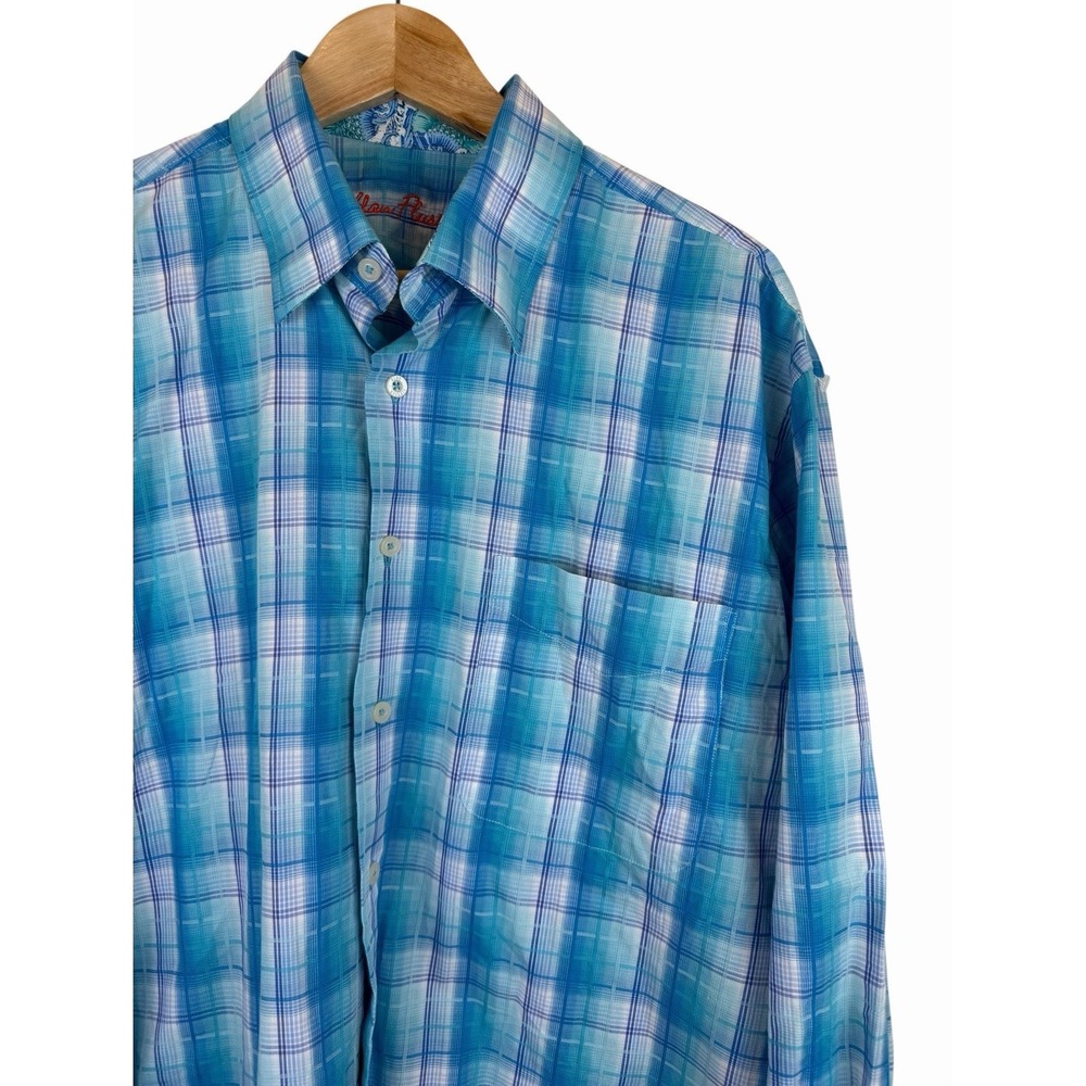 Alan Flusser Flip Cuff Button Down Check Plaid Blue Men's L Shirt